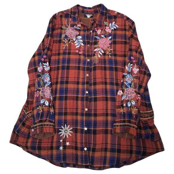 Johnny Was WS Cordelia Painters Smock Plaid Embroidered Button Front Top Sz XXL - Picture 10 of 13